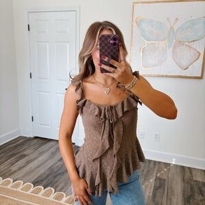 Brown Ruffle Sleeveless Top